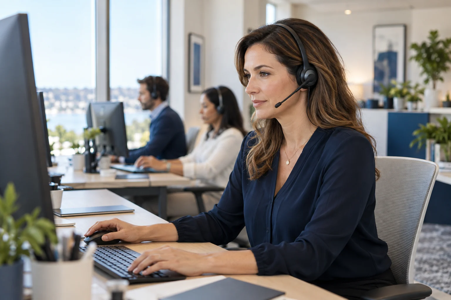 An attentive headset agent in a bright professional office